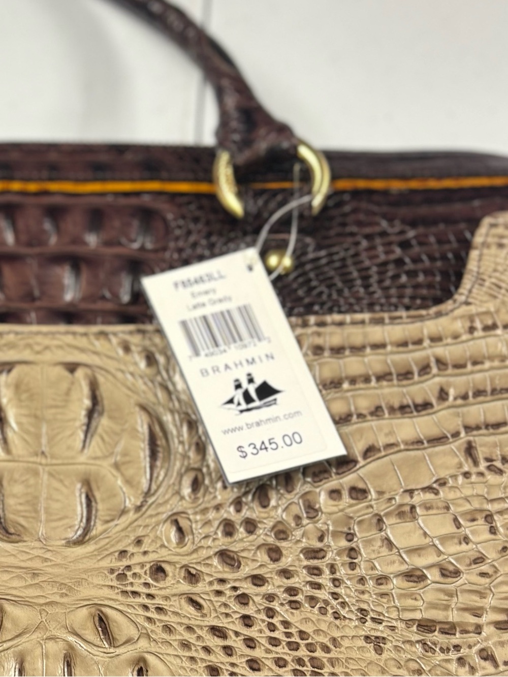 Brahmin Croc-Embossed Satchel in Beige and Dark Brown with Yellow Trim - Picture 13 of 16